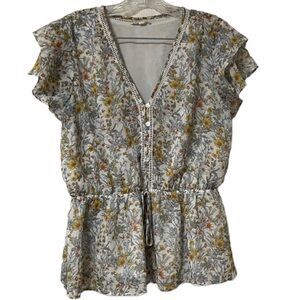 BY THE RIVER Floral With Glitter Boho Buttons Elastic Waist Tie Size XL